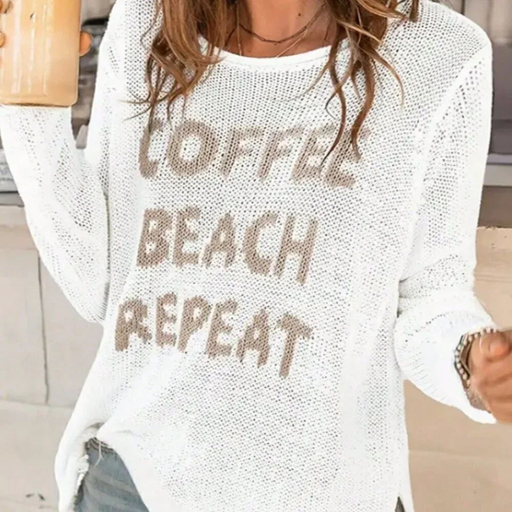 White Casual Women's Round Neck Long Sleeve Side Split Letter Knitted Sweater